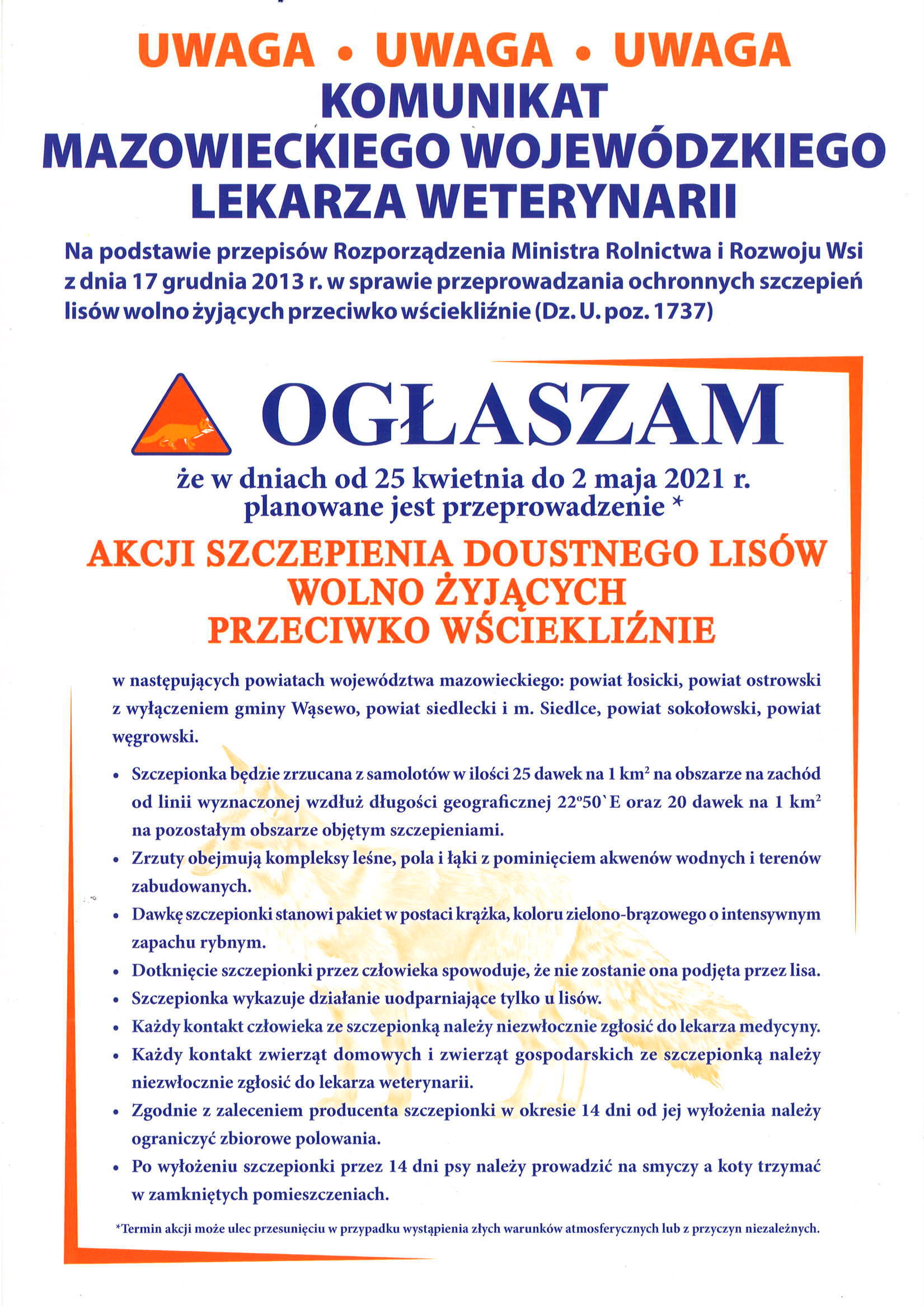 Plakat informujący o akcji szczepienia doustnego lisów w dniach od 25 kwietnia do 2 maja 2021r.