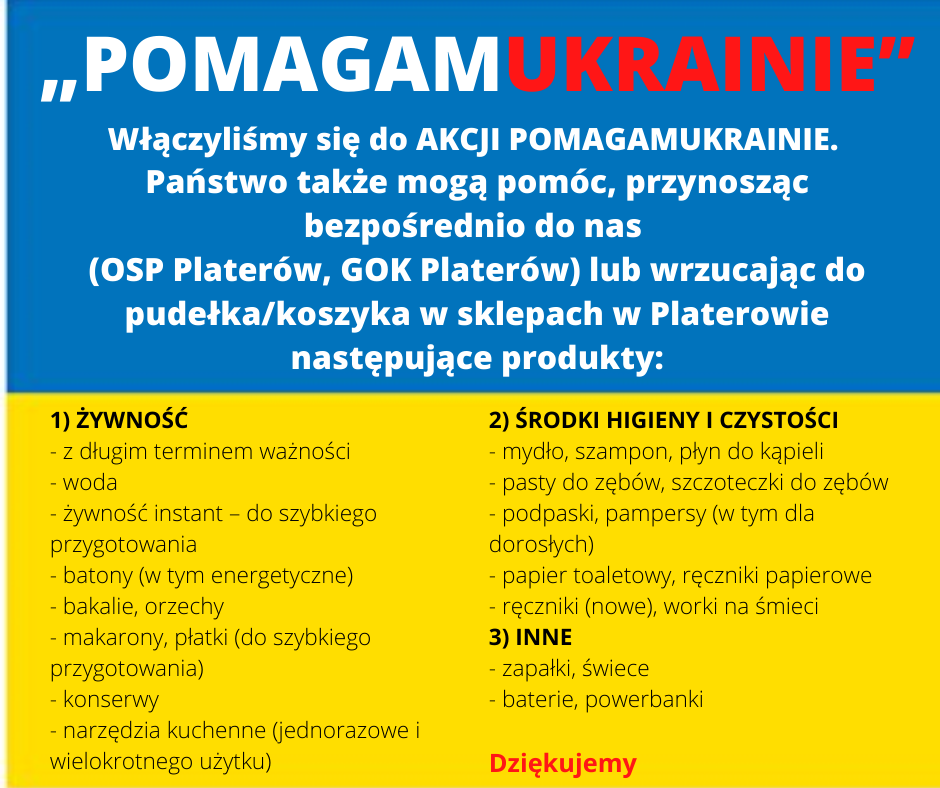 Grafika przedstawia informacje o sposobie pomocy Ukrainie na żółto - niebieskim tle